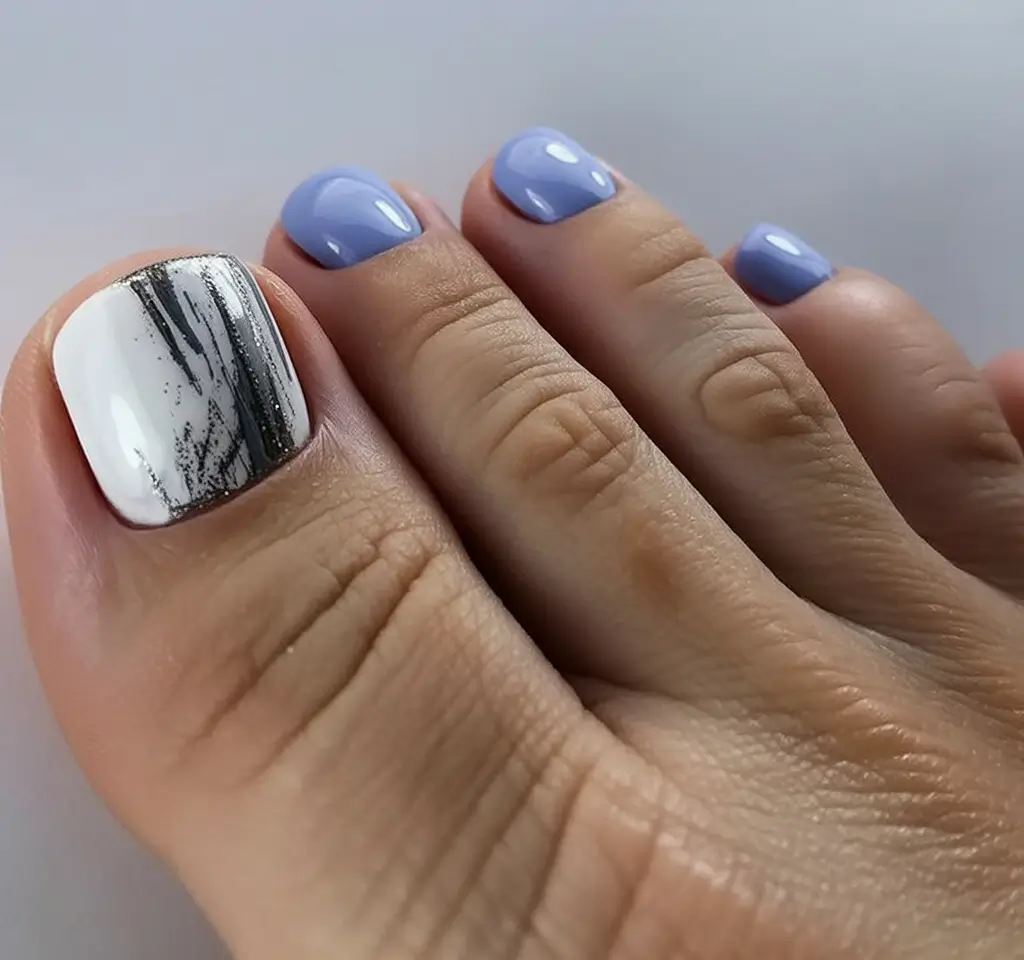 minimalist spring toe nails 2026 Powder Blue Accent Marble for Artistic Minimalists