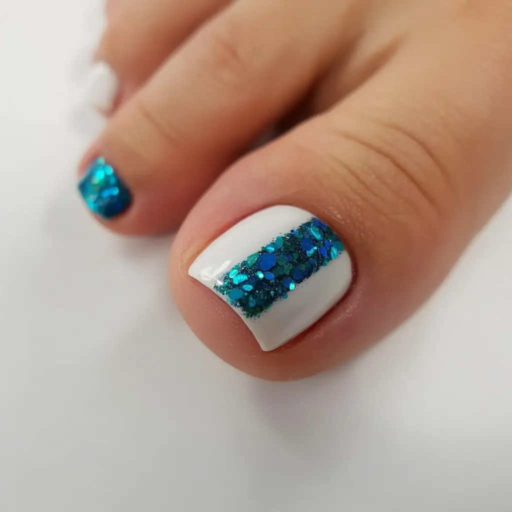 minimalist spring toe nails 2026 Clean White Base with Teal Glitter Stripe Detail