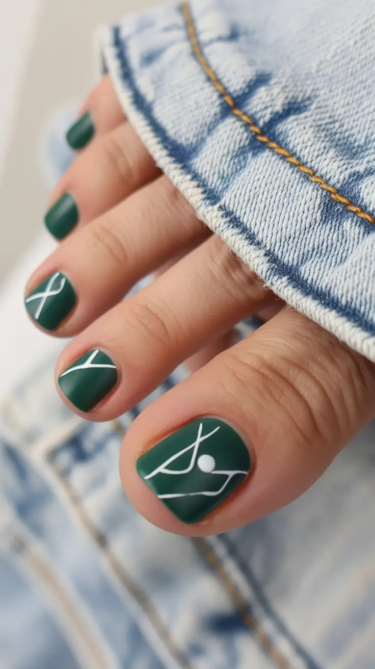 minimalist spring toe nails 2026 Deep Forest Green Lines for Graphic Minimalist Energy
