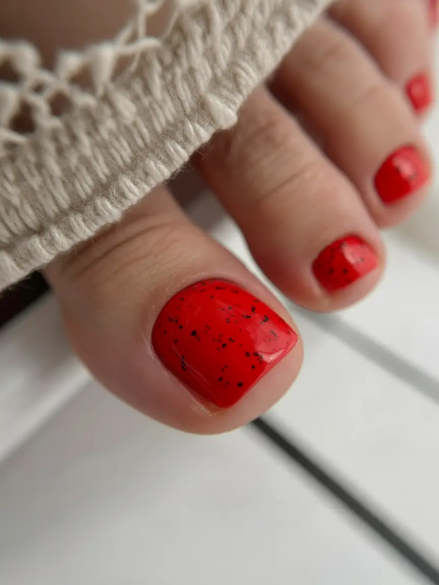 minimalist spring toe nails 2026 Juicy Red Speckled Finish for Bright Minimal Statements