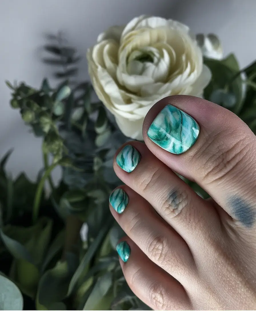 minimalist spring toe nails 2026 Emerald Water Marble for Botanical Spring Mood
