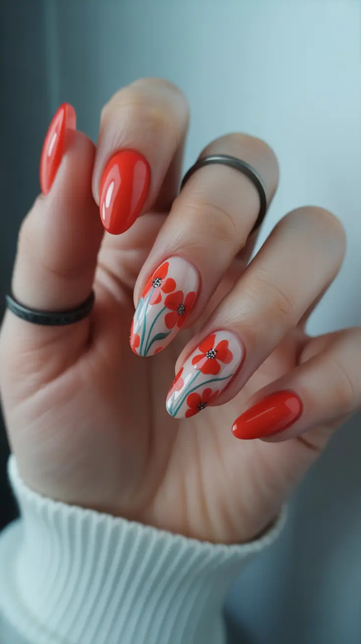 nail art ideas for summer 2026 Poppy Red Floral Soft Almond