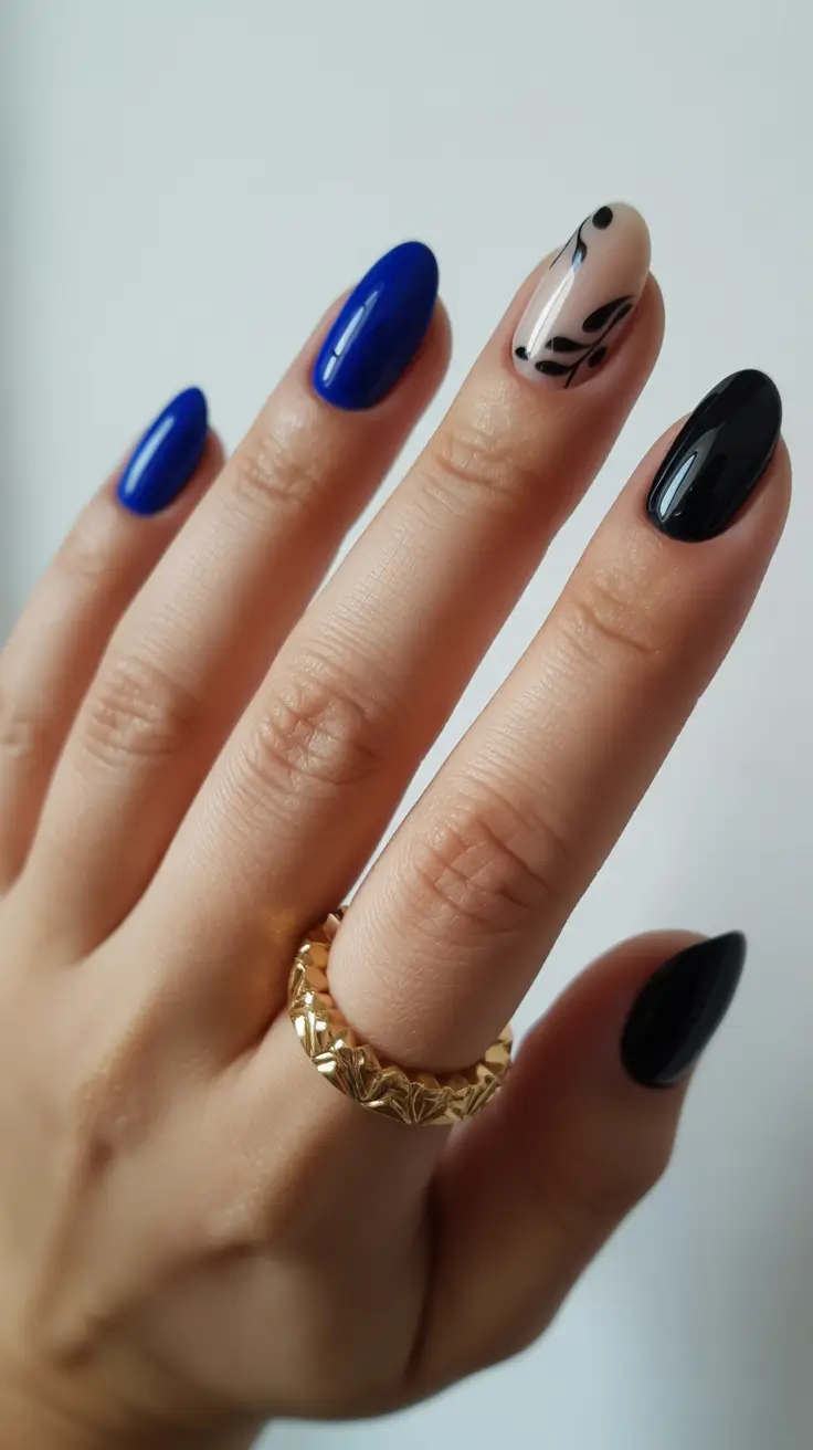 nail art ideas for summer 2026 Graphic Blue & Black Modern Mix