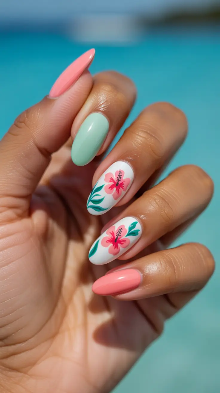 nail art ideas for summer 2026 Tropical Hibiscus Poolside