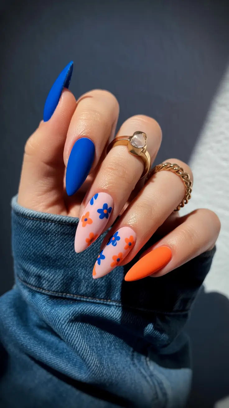 nail art ideas for summer 2026 Bold Blue & Neon Daisy Mix