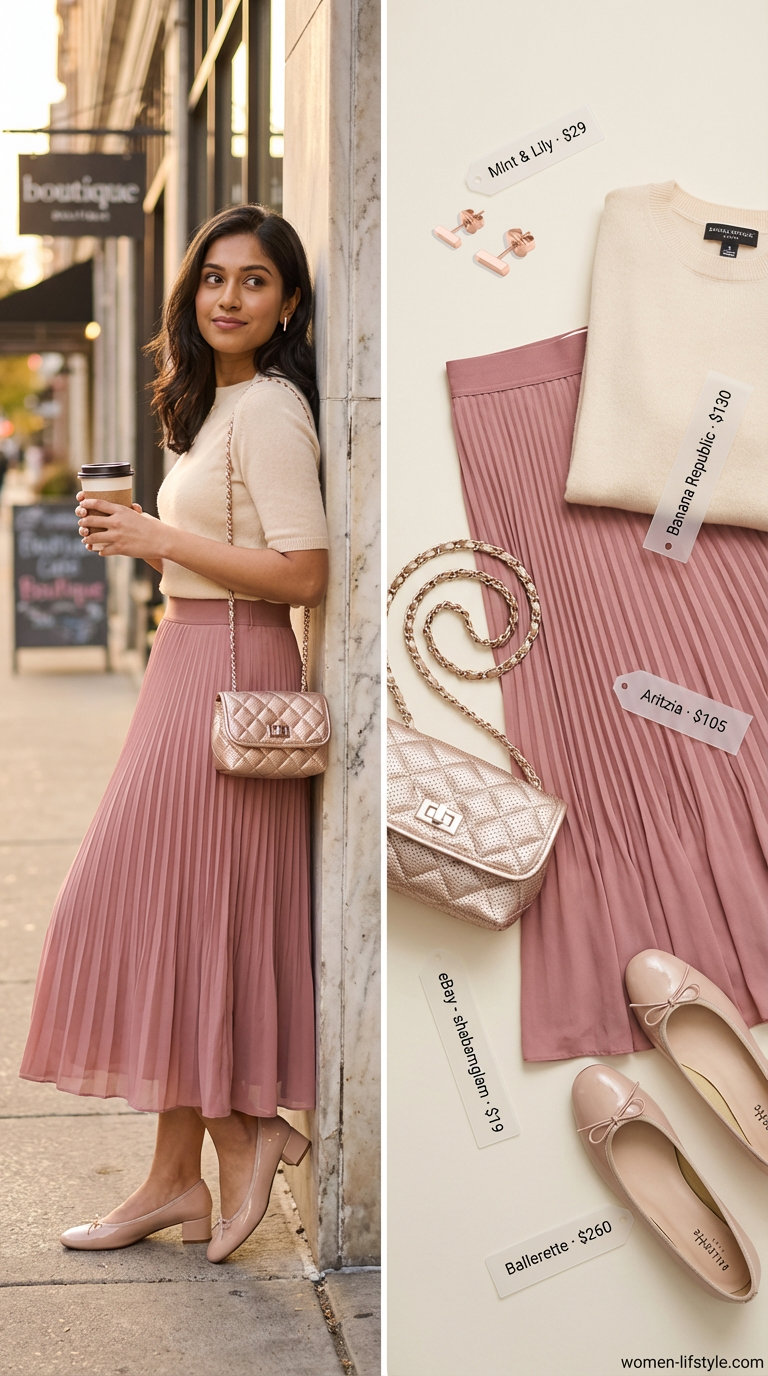 Old Money Outfits for women Summer 2026: Blush pink pleated midi skirt, cream knit sweater, nude ballet flats, and rose gold accessories for tea.