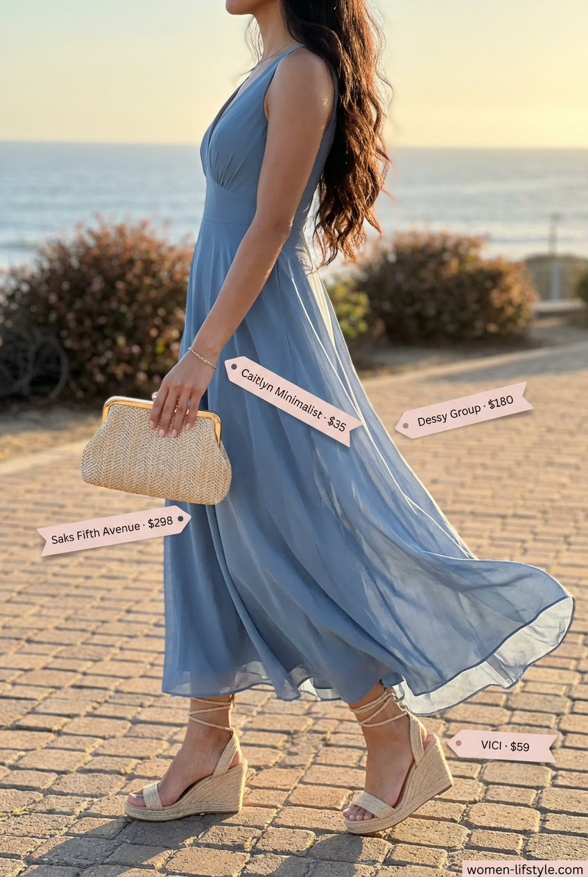 Sophisticated Old Money Outfits for women Summer 2026 featuring an azure blue maxi dress, beige raffia clutch, wedges, and gold bracelet for a coastal resort evening.