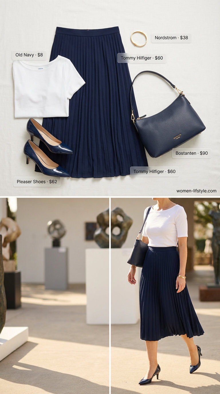Old Money Outfits for women Summer 2026: Navy pleated midi skirt, white knit top, red pumps, gold bangle for a country club luncheon.