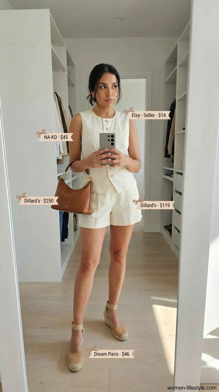Cream linen vest, matching pleated shorts, and espadrille wedges form a sharp Old Money Outfits for women Summer 2026.