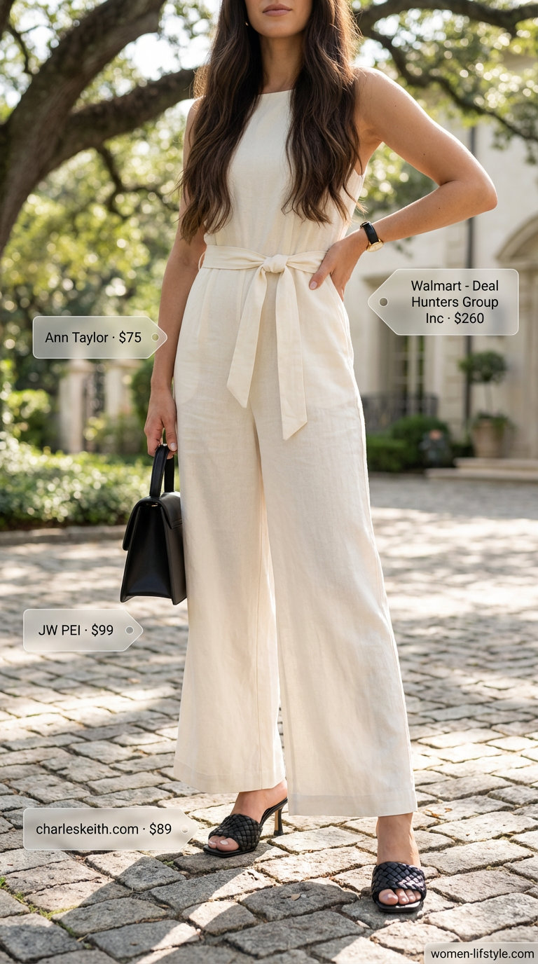 Old Money Outfits for women Summer 2026: Cream wide-leg jumpsuit, black heeled mules, black top-handle bag, and gold watch for brunch.