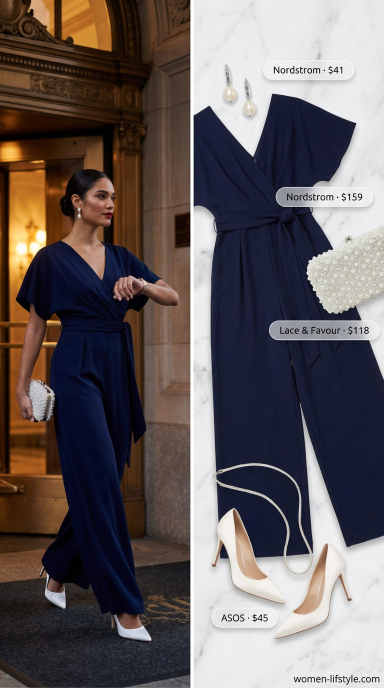 Navy wide-leg jumpsuit, ivory pumps, and pearl earrings for glamorous Old Money Outfits for women Summer 2026 galas.
