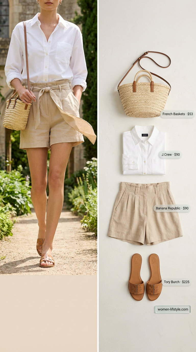 Old Money Outfits for women Summer 2026: White button-down, beige paperbag shorts, tan slide sandals, and straw crossbody for an estate stroll.