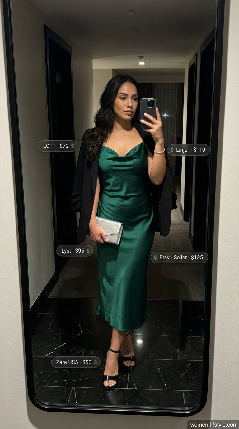Emerald green silk slip dress with a black blazer and strappy heels, perfect for sophisticated Old Money Outfits for women Summer 2026 after-party chic.