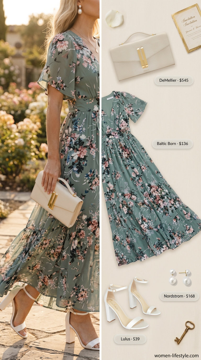 Soft sage green floral print maxi dress, elegant for Old Money Outfits for women Summer 2026 garden parties and summer weddings.