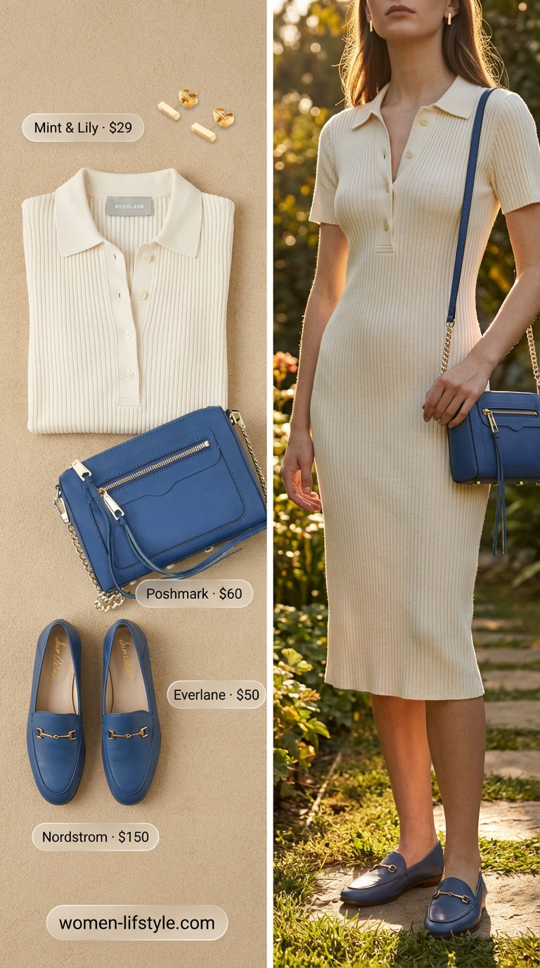 Old Money Outfits for women Summer 2026: Cream knit polo dress, navy loafers, crossbody bag, and gold stud earrings for a Hamptons party.