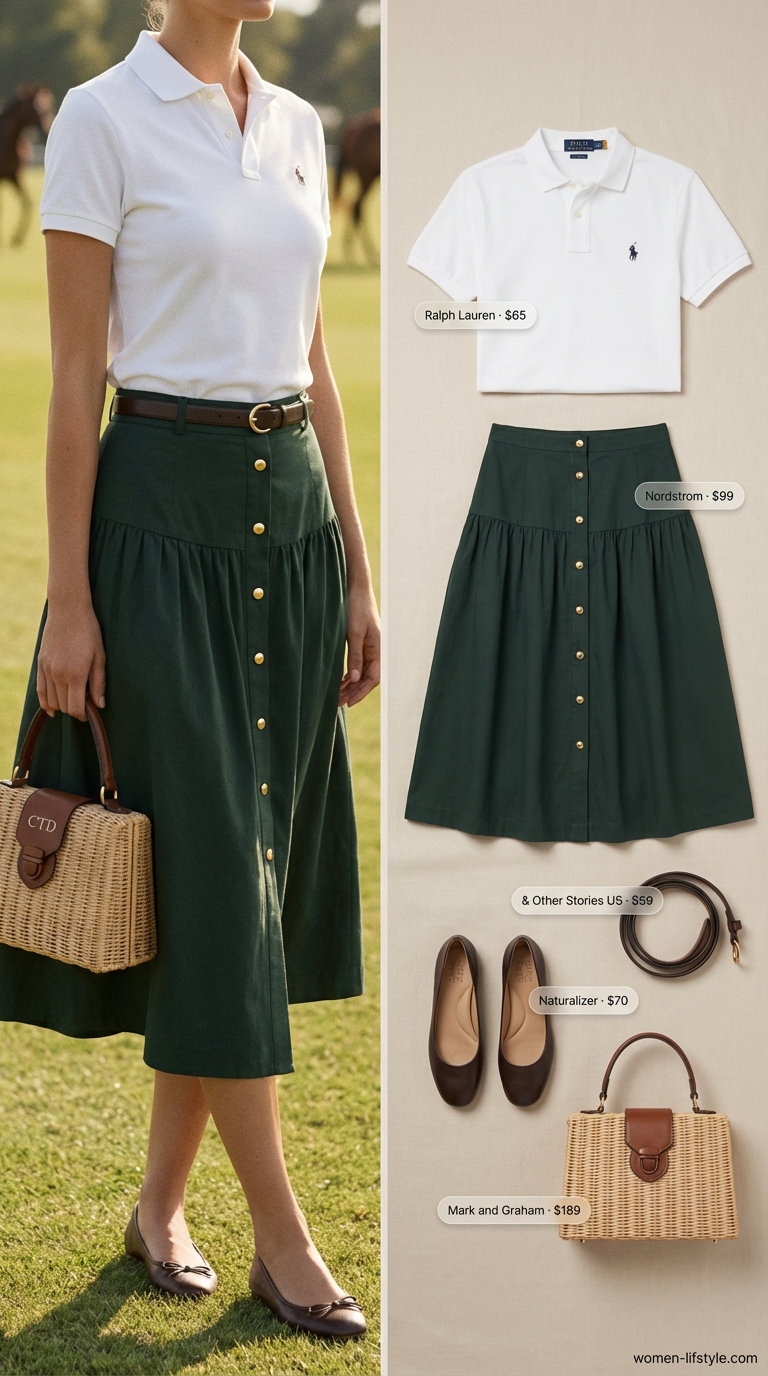 Elegant Old Money Outfits for women Summer 2026: crisp white A-line midi skirt, forest green polo shirt, brown ballet flats, and wicker bag for a summer polo match.