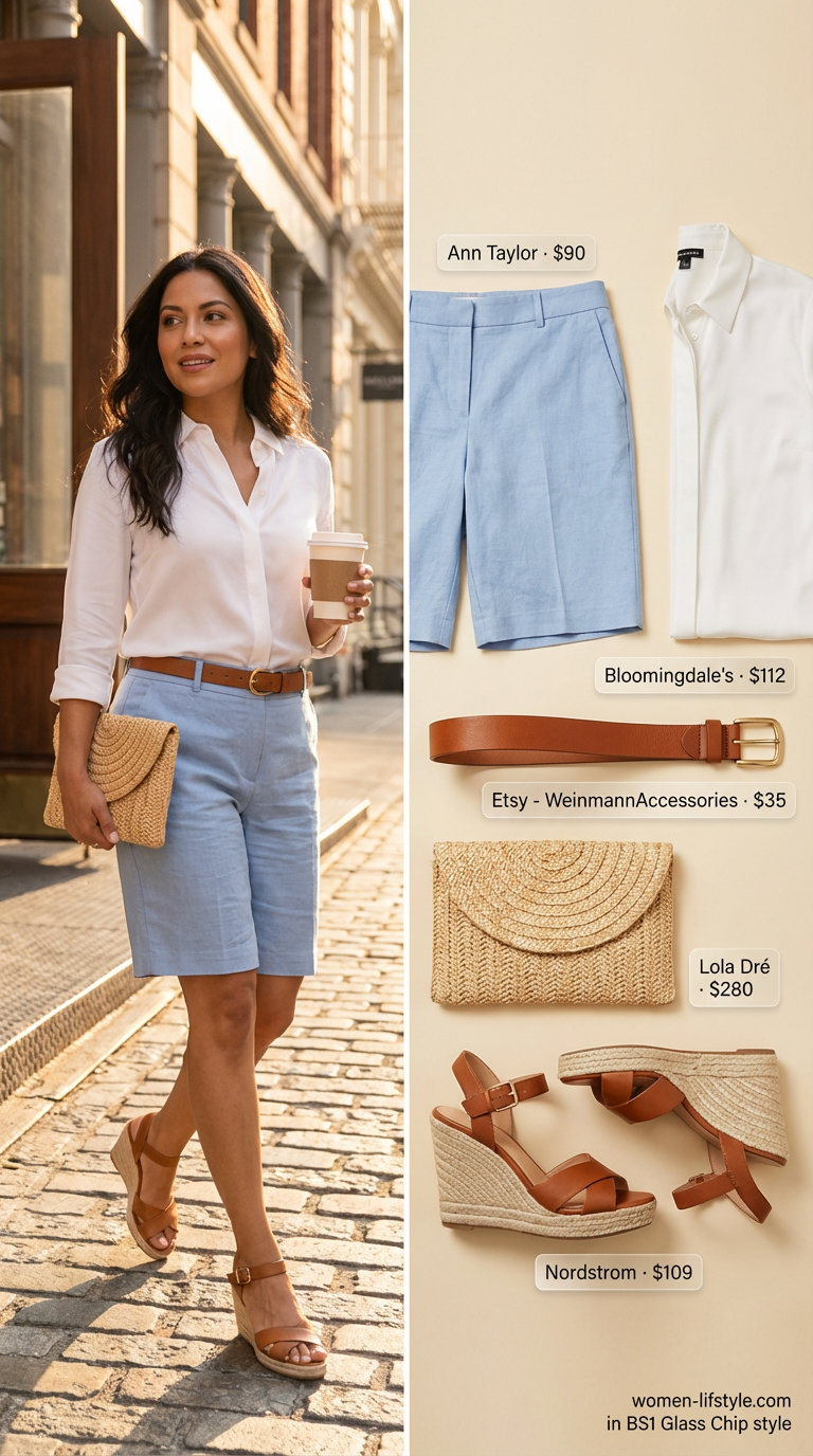 Old Money Outfits for women Summer 2026: Powder blue silk blouse, white Bermuda shorts, cognac espadrilles and belt for a refined polo match look.