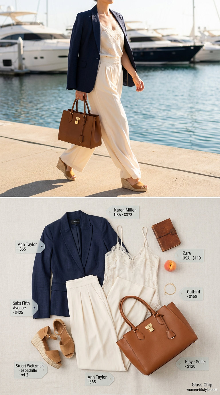 Navy linen blazer, white wide-leg trousers, and silk camisole defines Old Money Outfits for women Summer 2026 resort wear.