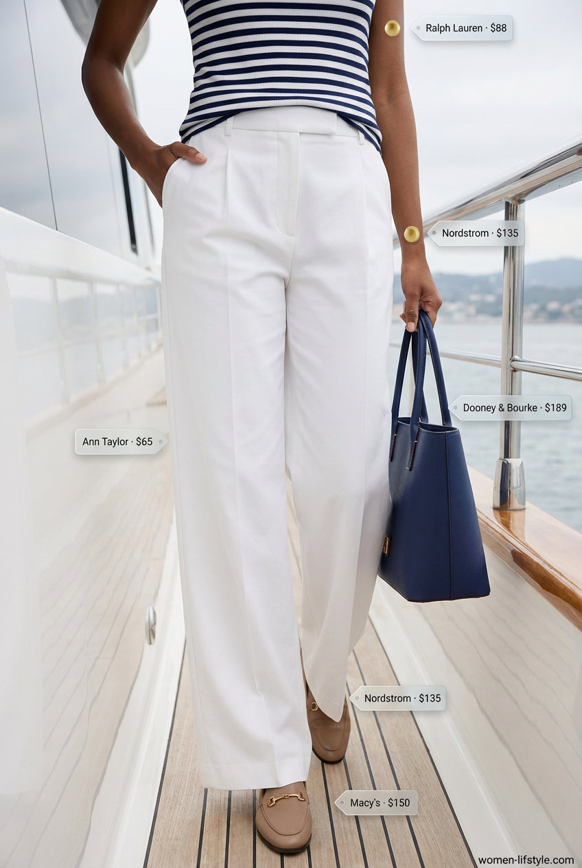 White wide-leg trousers and a navy striped knit top, a refined Old Money Outfits for women Summer 2026 for a Riviera yacht brunch.
