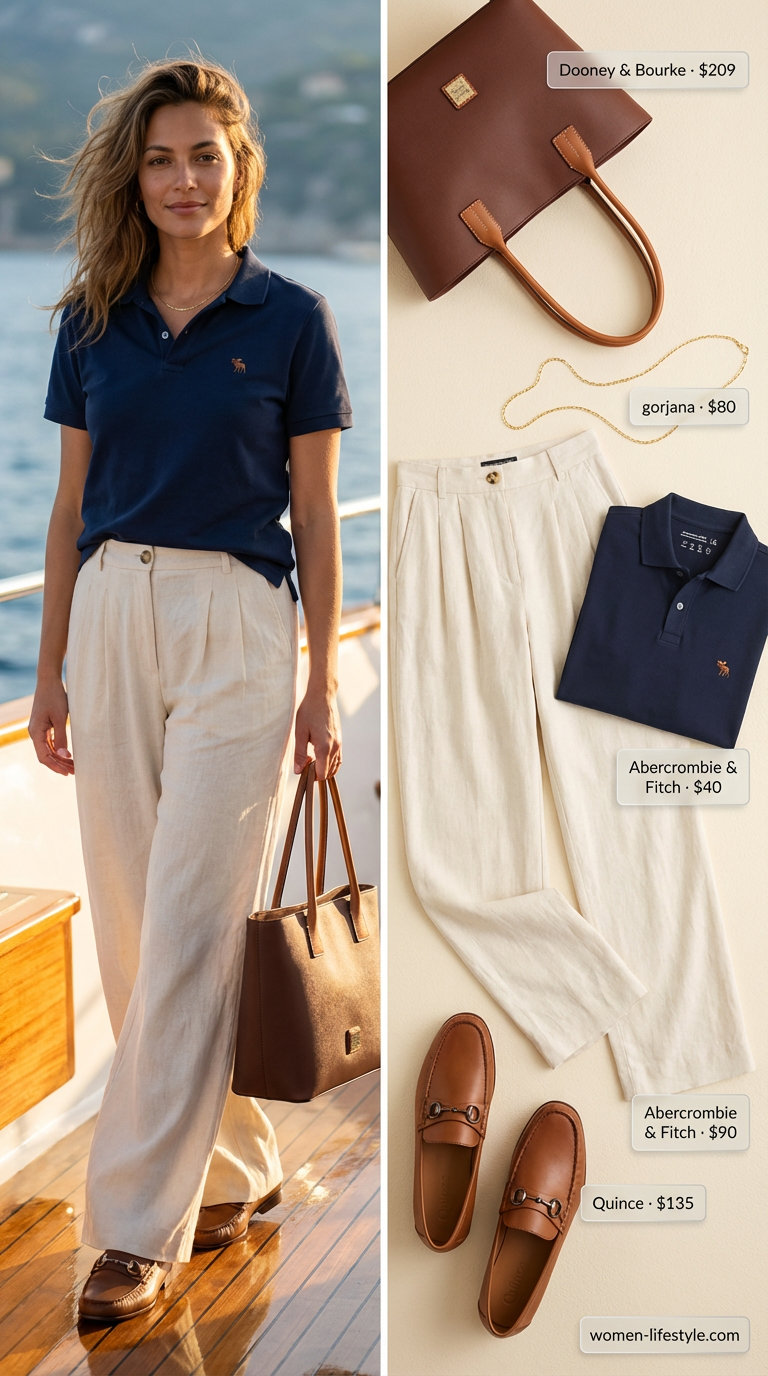Cream wide-leg trousers, navy polo shirt, and loafers create a polished Old Money Outfits for women Summer 2026 yacht look.