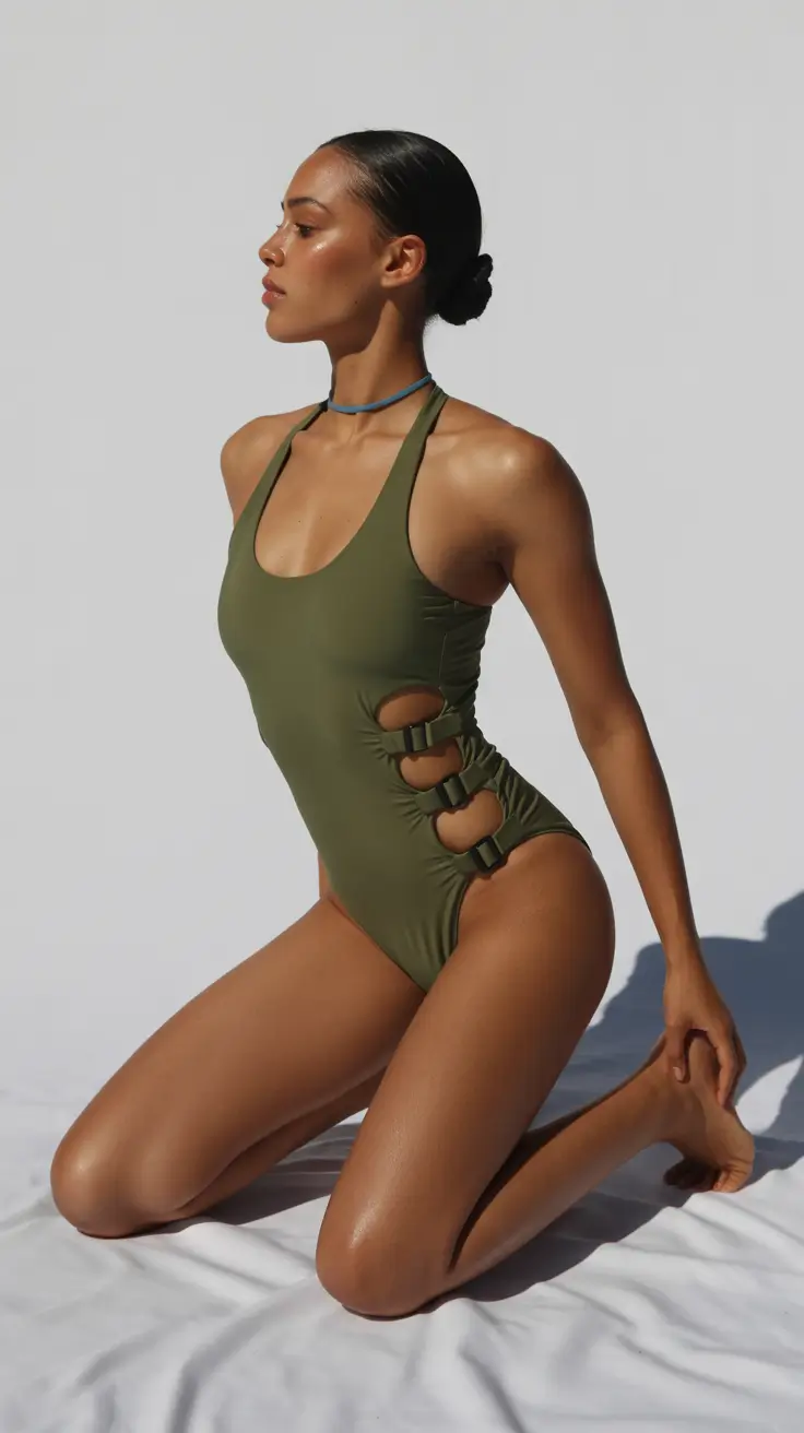 one piece swimsuit ideas for summer 2026 Utility Chic in Olive Buckled Cutout
