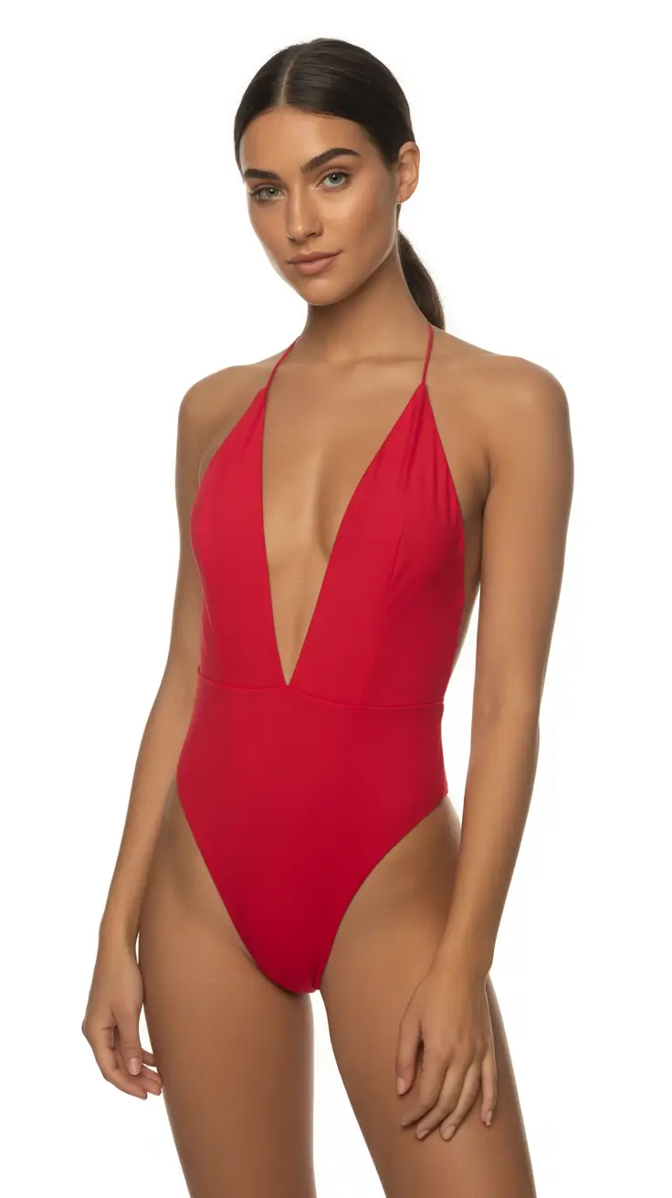 one piece swimsuit ideas for summer 2026 Bold Baywatch Energy in Minimal Deep-Plunge Red