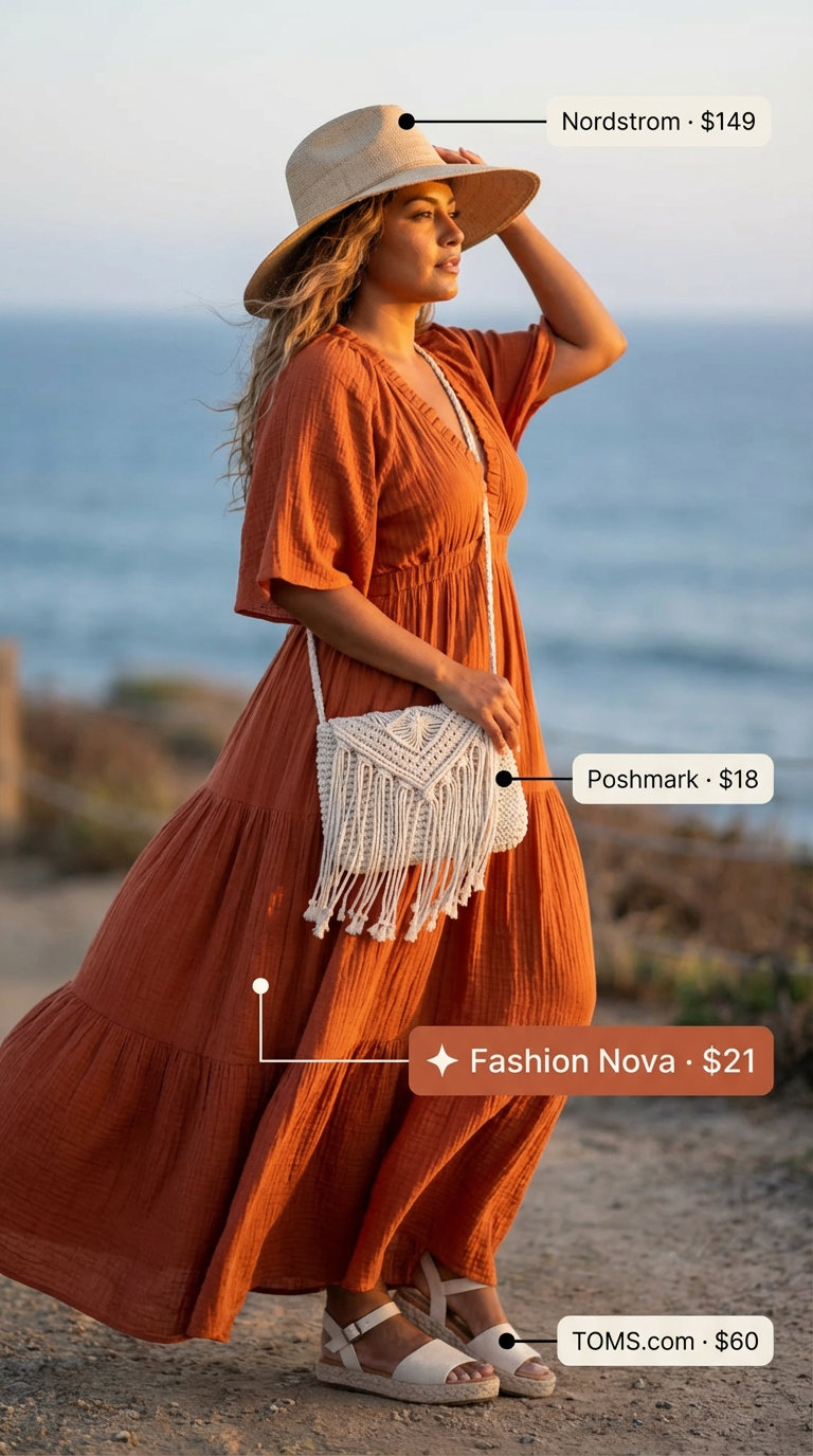 Bohemian oversized summer outfits for women 2026 featuring a rust orange tiered maxi dress, straw hat, and espadrille sandals, ideal for beach vacations.