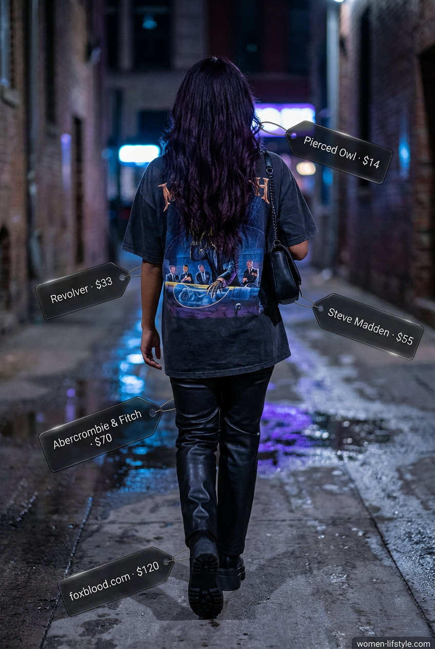 Edgy oversized summer outfits for women 2026 with a washed black vintage band t-shirt, faux leather pants, and chunky combat boots, perfect for a concert.