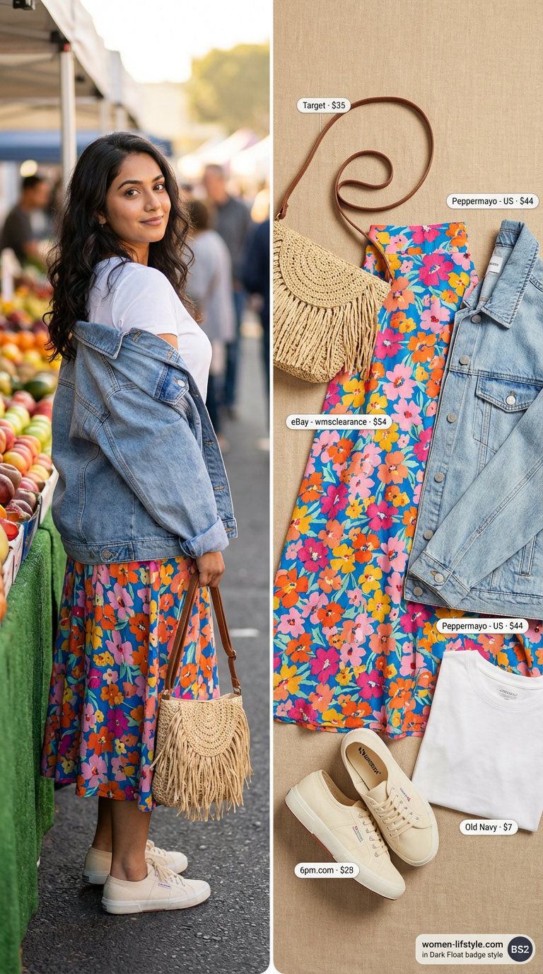 Playful oversized summer outfits for women 2026 featuring a light wash denim jacket, floral midi skirt, and white canvas sneakers, great for weekend markets.