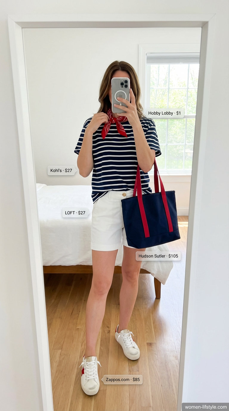 Preppy oversized summer outfits for women 2026 featuring a navy striped Breton t-shirt, white chino shorts, and red bandana for a playful weekend look.