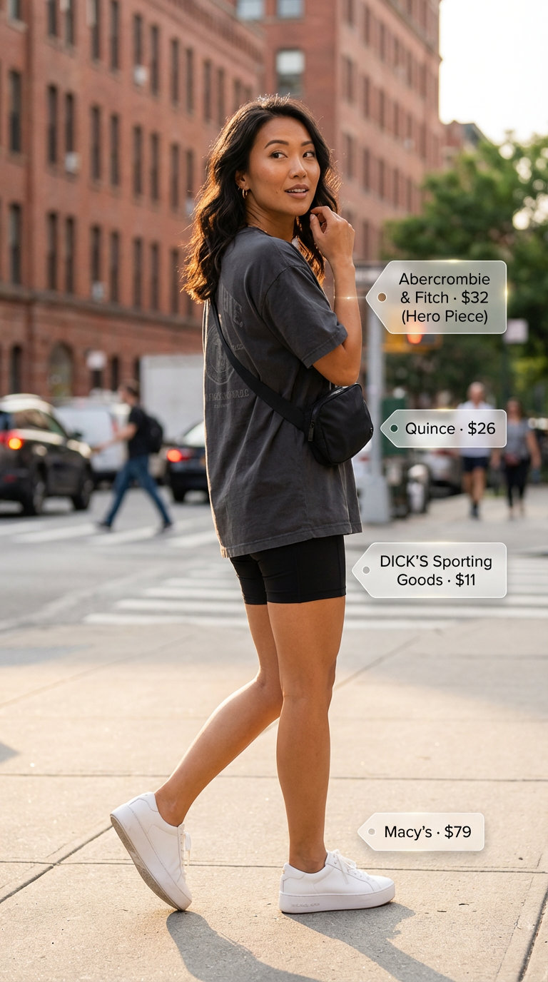 Sporty oversized summer outfits for women 2026 featuring a charcoal graphic tee, black biker shorts, and chunky white platform sneakers, perfect for a cool urban city stroll.