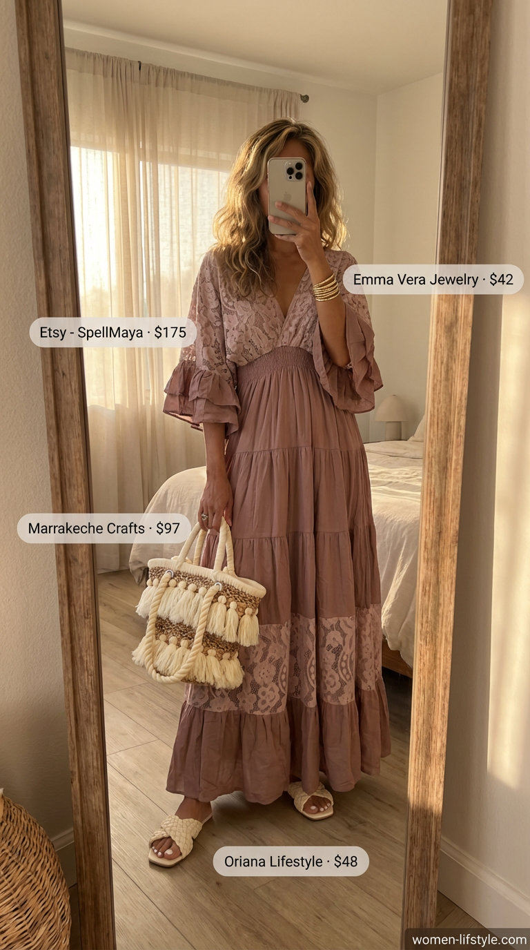 Bohemian beach comber oversized summer outfits for women 2026, featuring a dusty rose embroidered maxi dress, straw tote, and gold bangles.