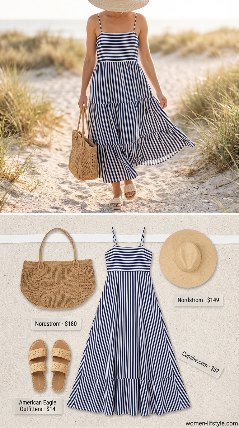 Bohemian Beach Day oversized summer outfits for women 2026, featuring a striped linen maxi dress, wide-brim hat, and espadrille sandals.