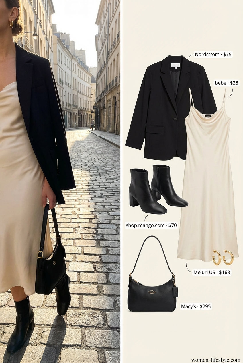 Sophisticated city stroll oversized summer outfits for women 2026 with a black oversized blazer, cream satin slip dress, and black ankle boots for dinner.