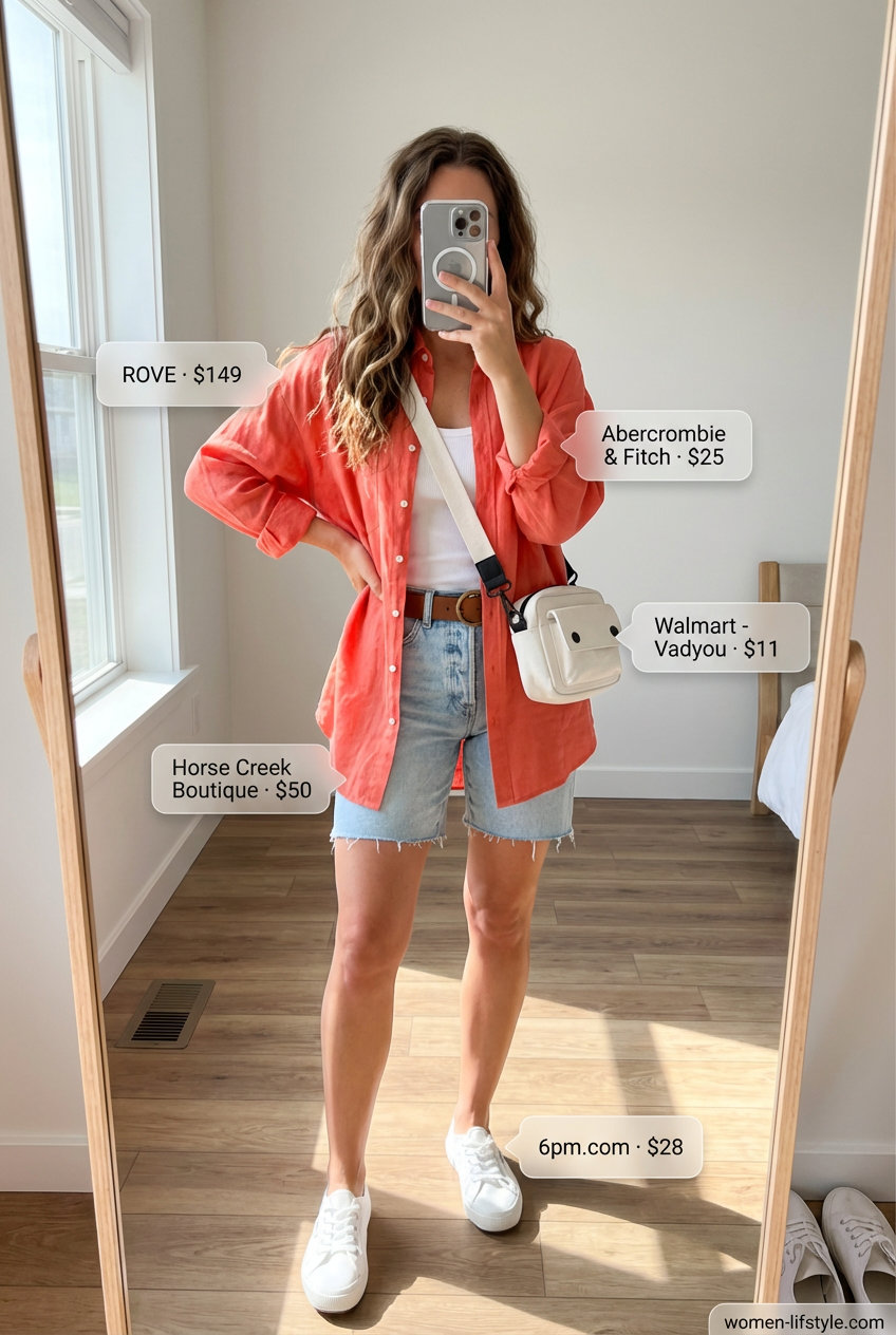 Oversized summer outfits for women 2026: Coral oversized linen button-down shirt over a white tank, light wash denim shorts, white sneakers, and a canvas crossbody bag for a casual day out.