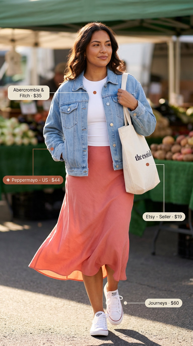 Weekend Market Maven oversized summer outfits for women 2026, showcasing a light wash denim jacket, coral midi skirt, white sneakers for casual brunch.