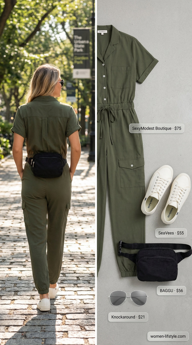 Oversized summer outfits for women 2026: Olive green oversized utility jumpsuit, white low-top sneakers, a black belt bag, and silver aviator sunglasses for an urban safari explorer look.