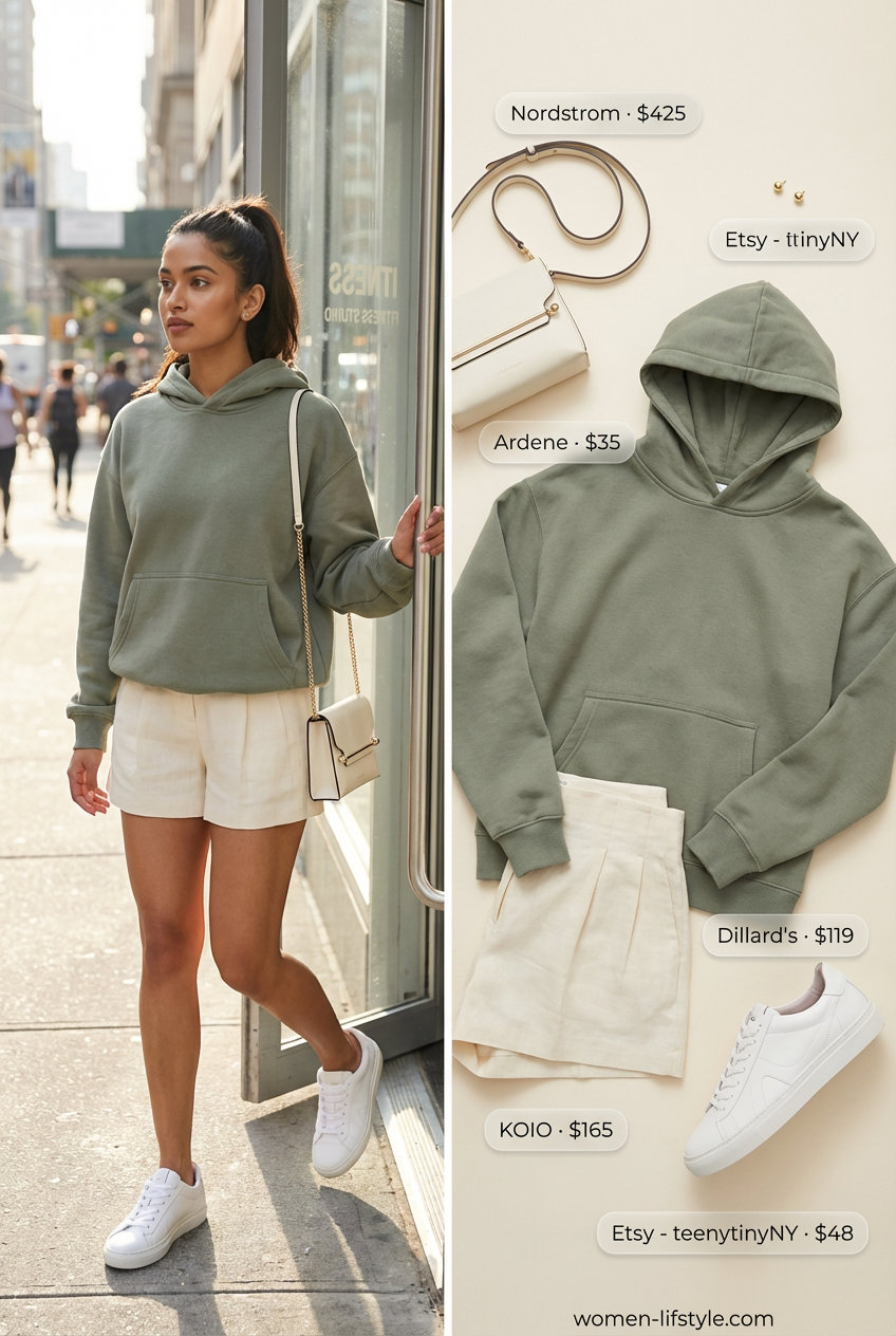 Oversized summer outfits for women 2026: A sage green oversized fleece hoodie, cream tailored shorts, white sneakers, a white mini crossbody bag, and delicate gold stud earrings for an athleisure brunch date.
