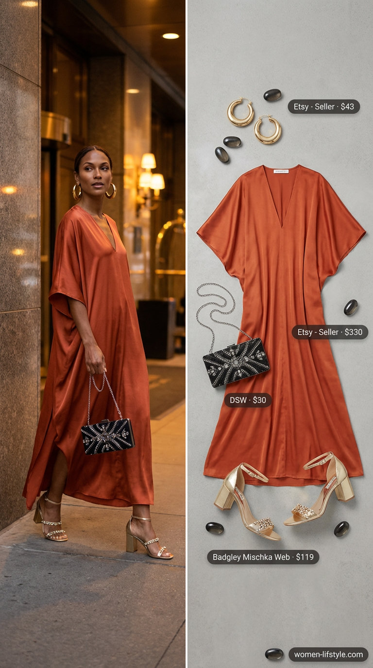 Oversized summer outfits for women 2026: A terracotta orange oversized flowing caftan maxi dress, gold strappy block heel sandals, gold statement hoop earrings, and a black embellished clutch for a glamorous desert sunset evening.