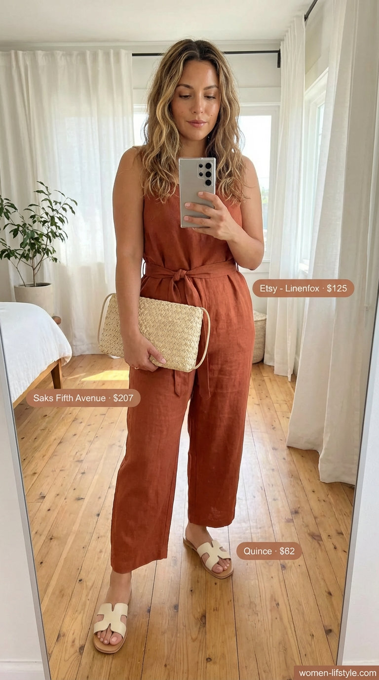 Oversized summer outfits for women 2026: A terracotta oversized wide-leg tie-waist jumpsuit, cream leather slide sandals, layered gold coin necklaces, and a woven straw clutch for sunset lounge comfort.