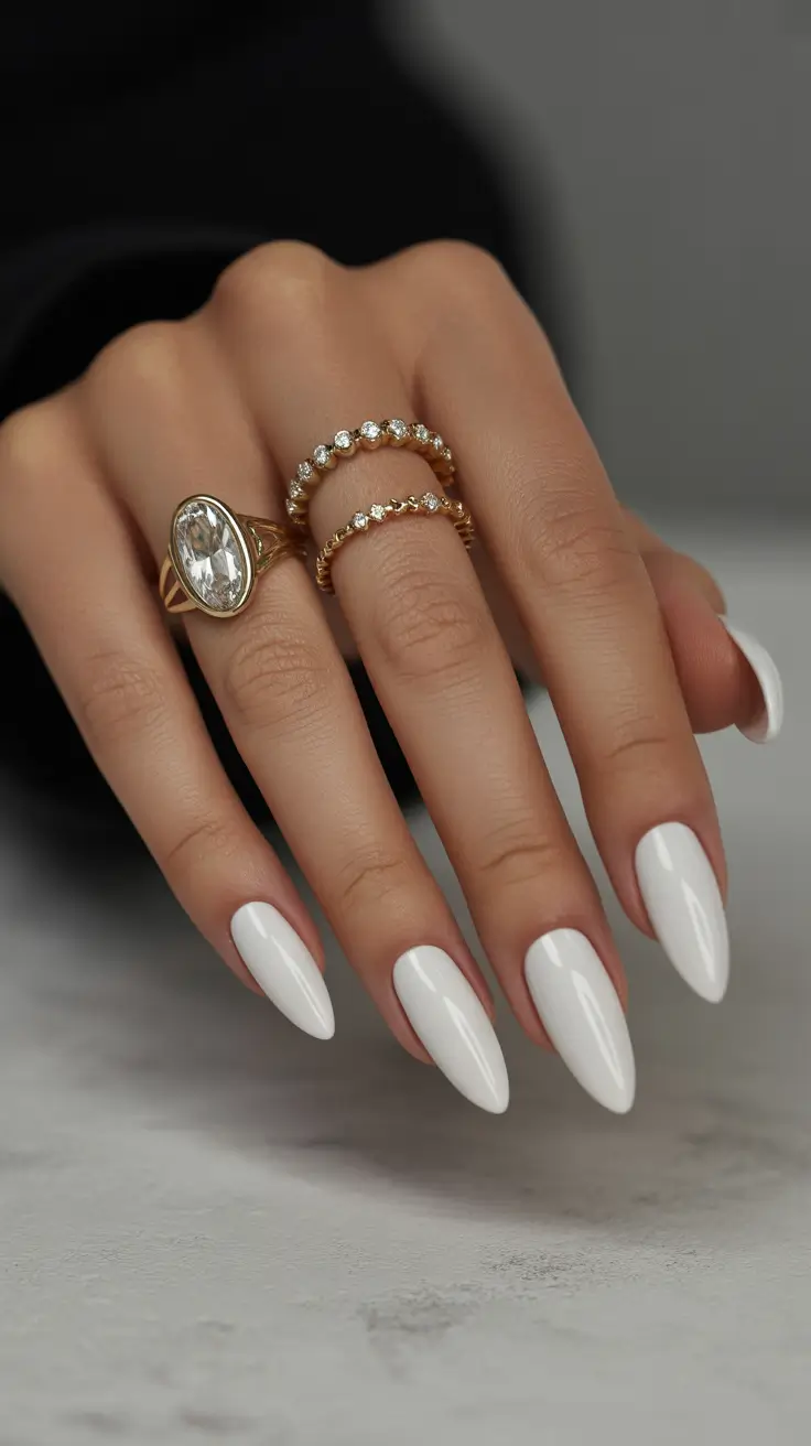 preppy spring almond nails 2026 Glossy White Almond Nails for Minimalist Elegance