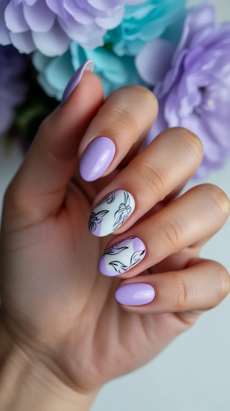 preppy spring almond nails 2026 Lavender Floral Almond Nails with Delicate Spring Art