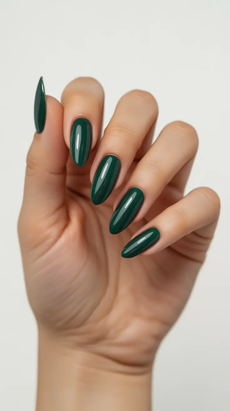 preppy spring almond nails 2026 Deep Green Minimalism for a Polished Preppy Look