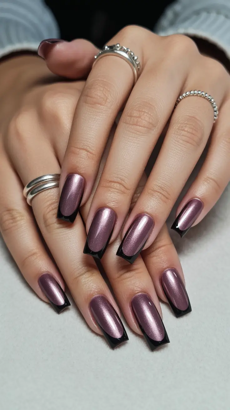 pretty spring nails acrylic 2026 Metallic Purple Acrylic Nails with Dramatic Black French Tips