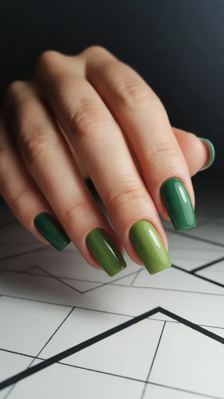 pretty spring nails acrylic 2026 Olive and Sage Green Acrylic Nails with a Modern Gradient Palette