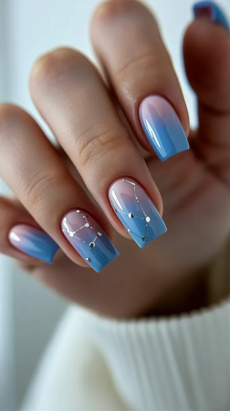 pretty spring nails acrylic 2026 Soft Blue Ombre Acrylic Nails with Delicate Constellation Designs