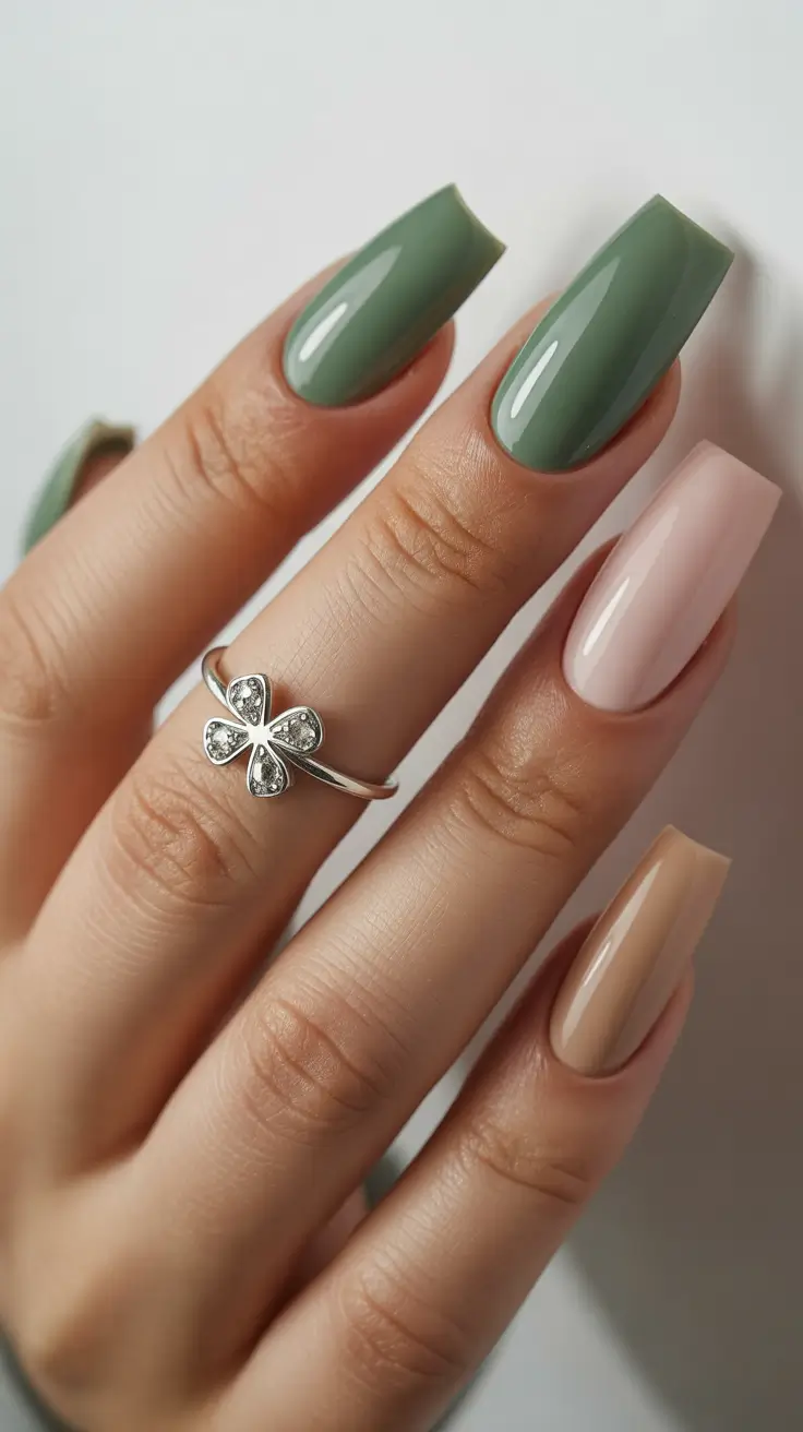 pretty spring nails acrylic 2026 Olive Green and Neutral Acrylic Nails with Modern Color Blocking