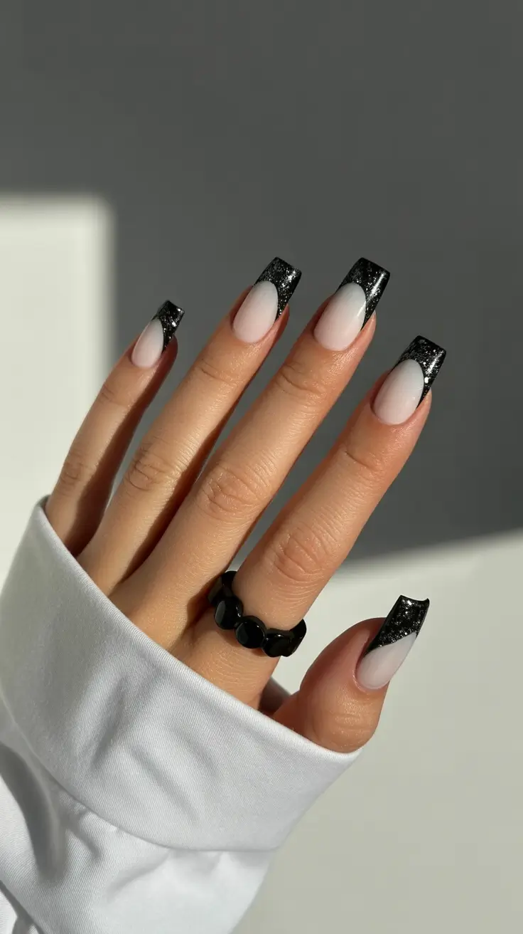 pretty spring nails acrylic 2026 Black Glitter French Acrylic Nails with a Modern Edge