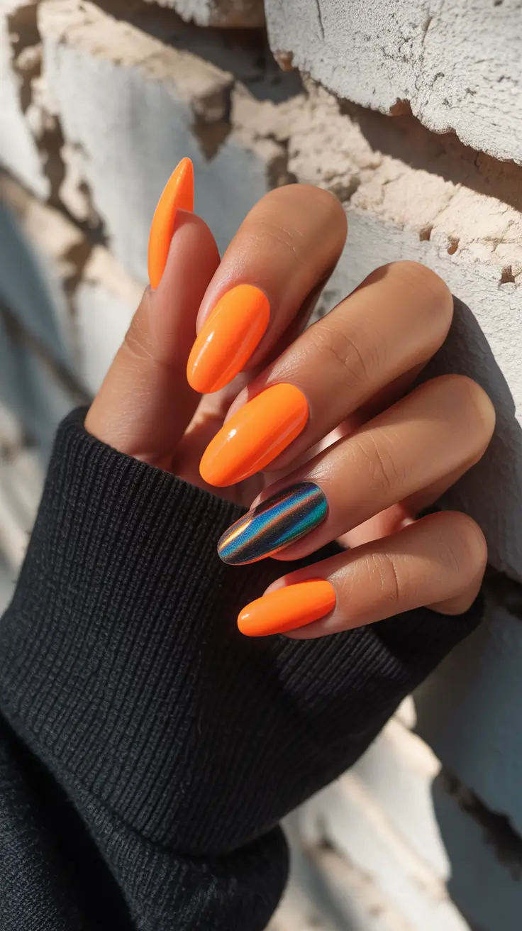 pretty spring nails acrylic 2026 Vibrant Orange Almond Acrylic Nails with a Chrome Accent