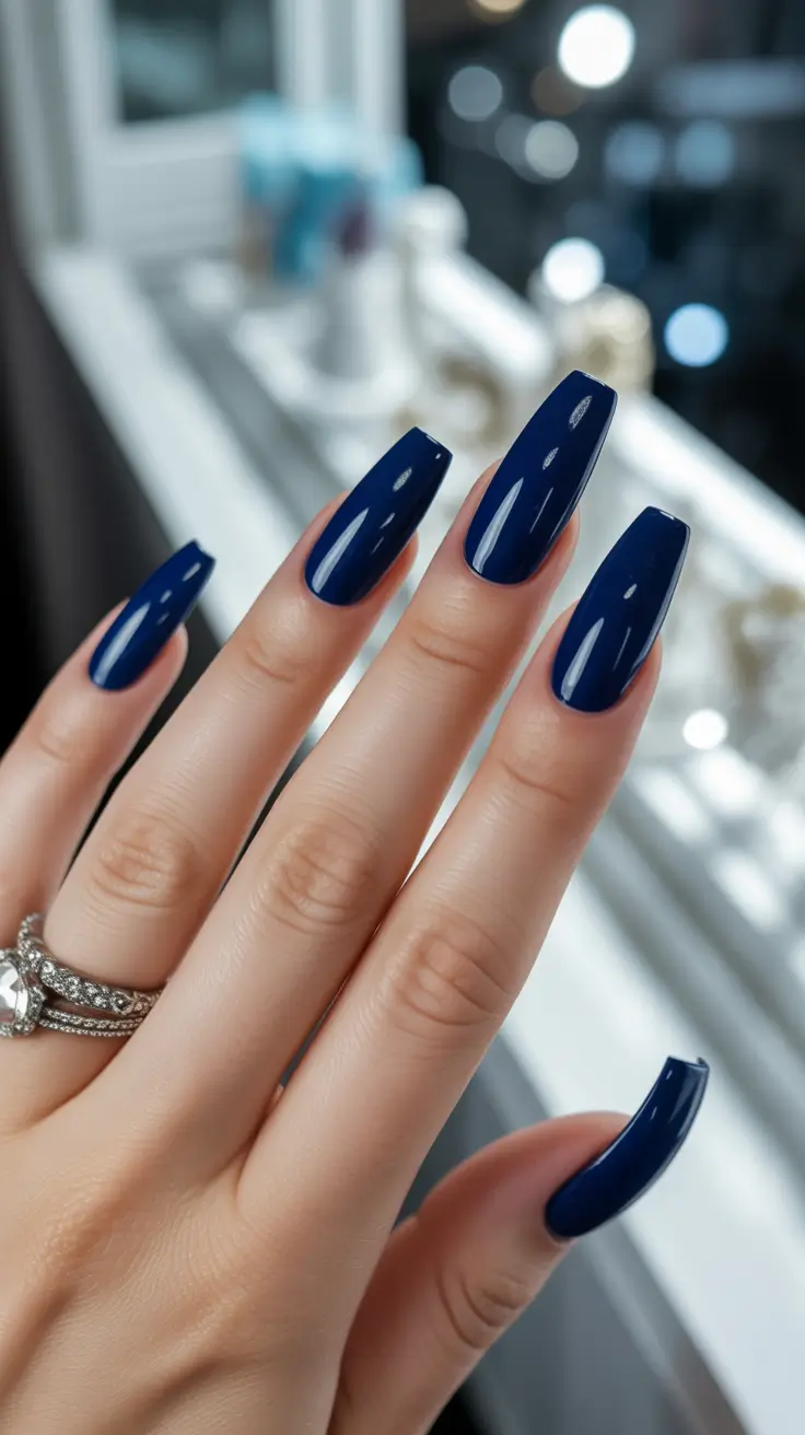 pretty spring nails acrylic 2026 Deep Navy Blue Coffin Acrylic Nails for a Sleek Modern Style